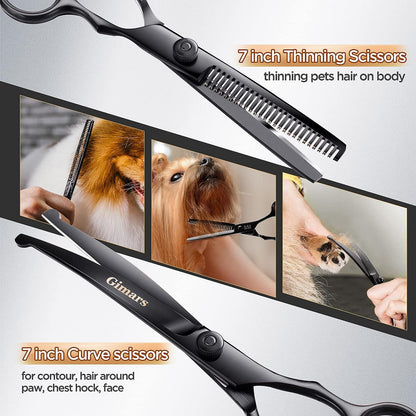 7Inch Professional 4CR Stainless Steel 6 in 1 Grooming Scissors for Dogs with Safety round Tip, Heavy Duty Titanium Coated Pet Grooming Scissor for Dogs, Cats and Other Animals